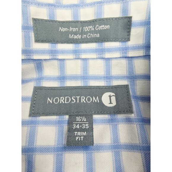 Nordstrom Non Iron Trim Fit 16.5 34-35 Mens Blue White Check French Cuff Shirt - Picture 4 of 9